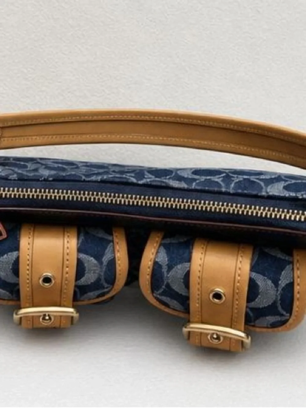 Coach Navy Signature Canvas Shoulder Bag with Tan Leather Strap